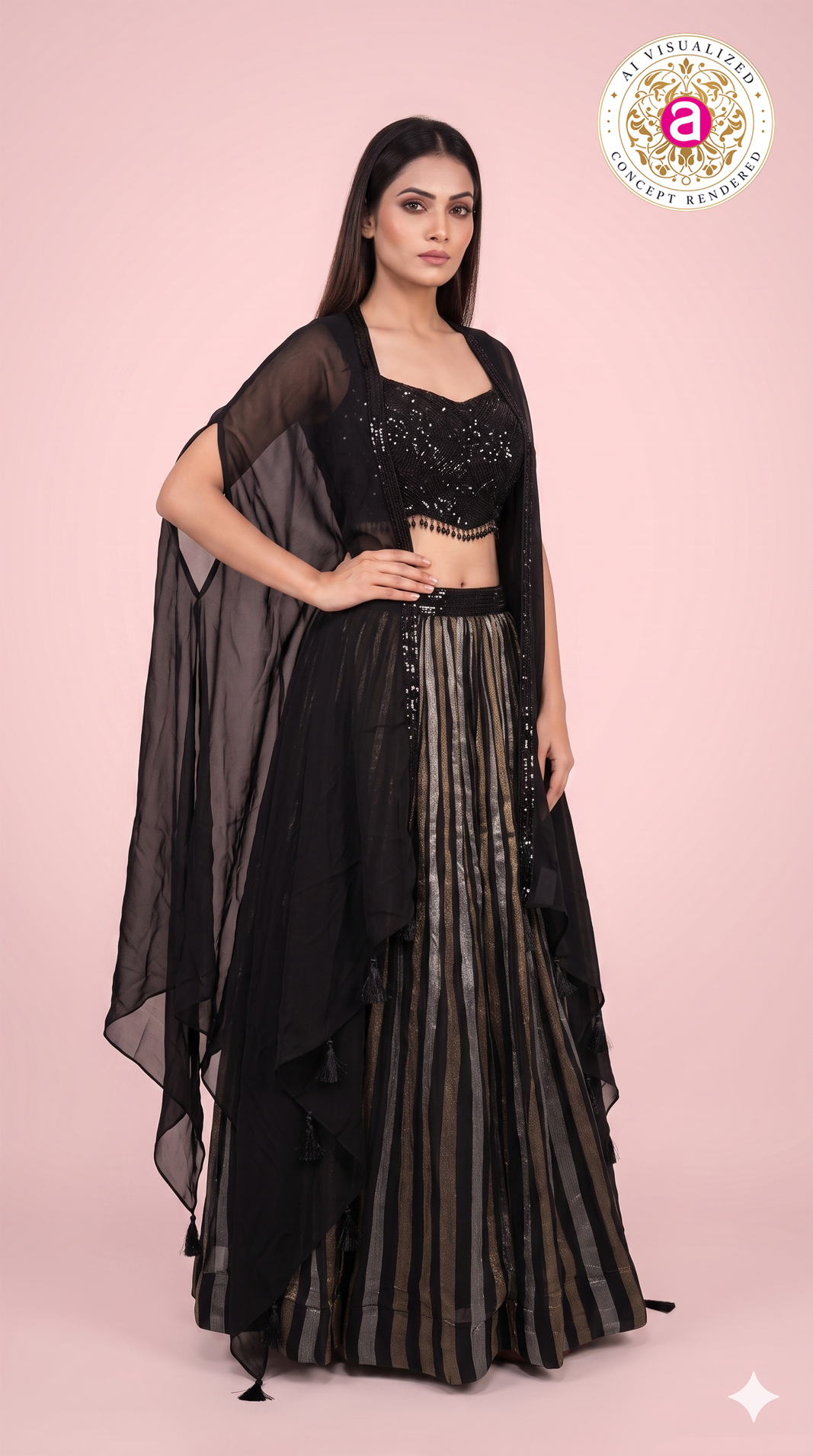 Black Striped Palazzo Set with Sequin Blouse & Cape
