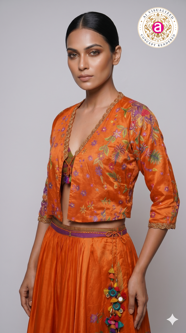 Vibrant Orange Floral Printed Indo-Western Skirt Set with Embroidered Jacket