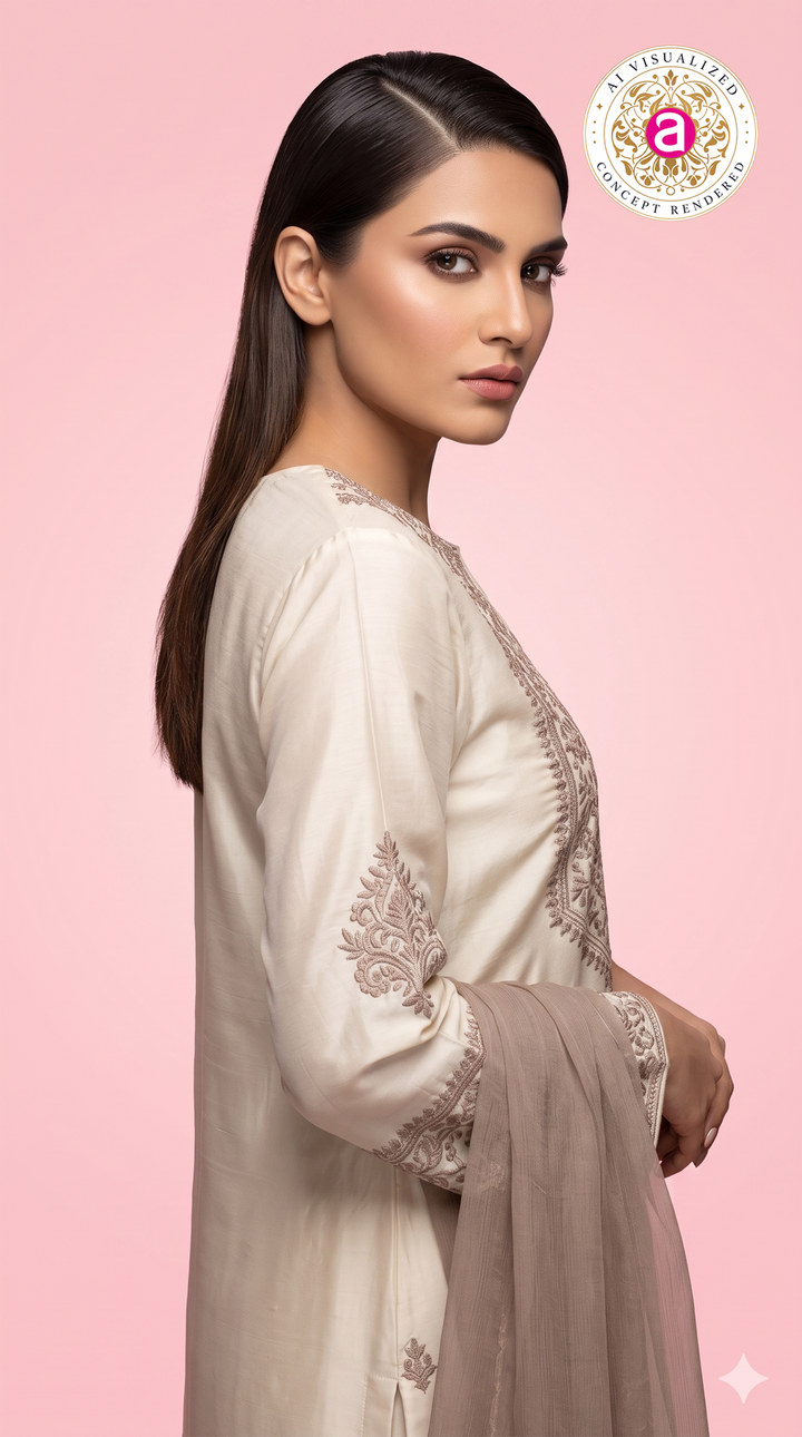 Ivory Embroidered Straight Kurta Set with Brown Dupatta