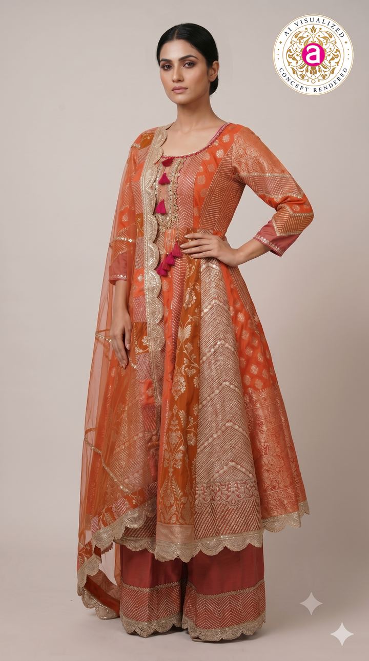 Vibrant Orange Banarasi Anarkali Suit Set with Sharara & Organza Dupatta