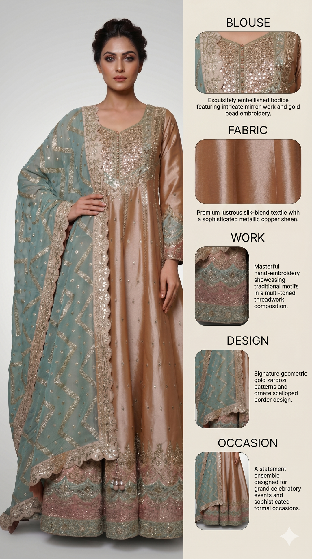 Champagne Gold Anarkali Suit Set with Embroidered Dupatta