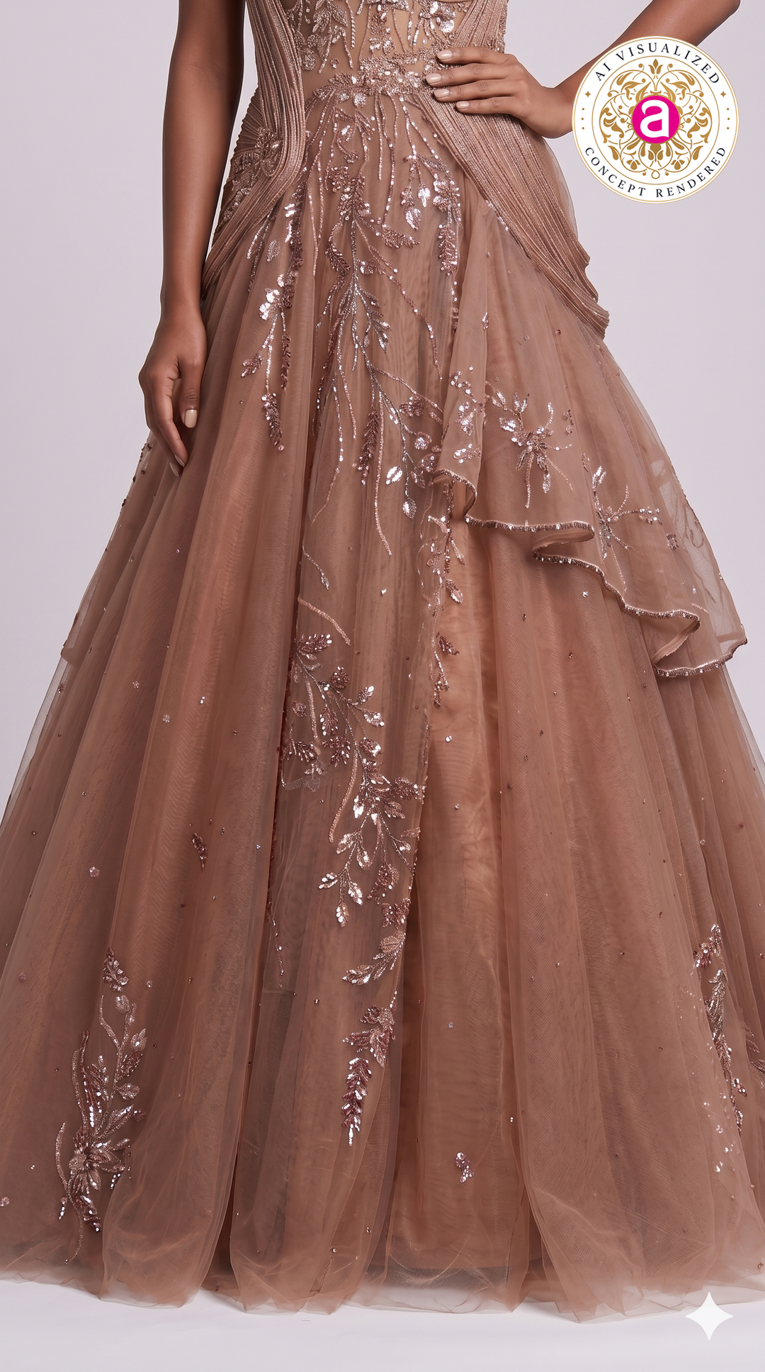 Rose Taupe Embellished Couture Ball Gown with Draped Bodice
