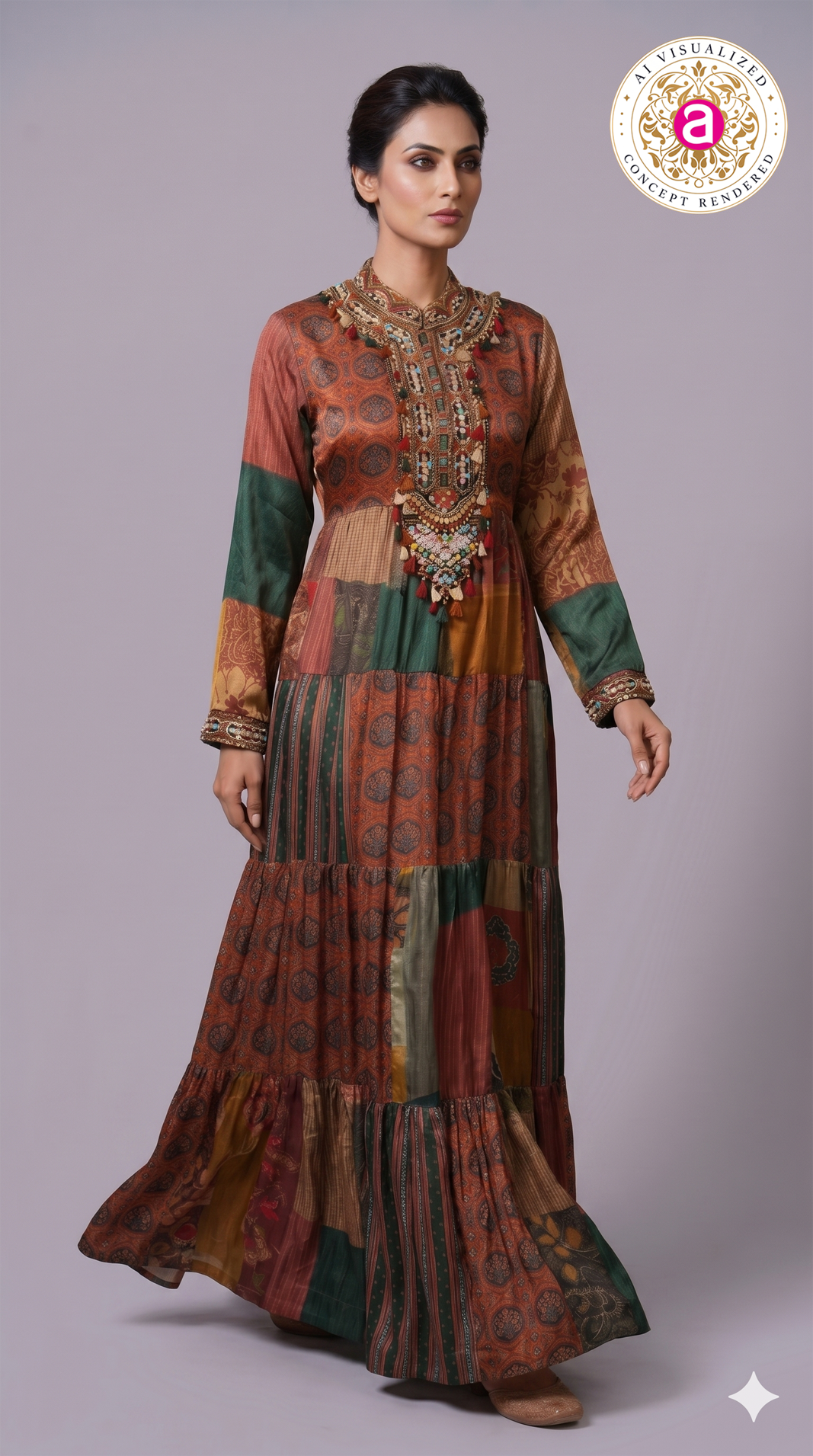 Multicolour Patchwork Printed Tiered Maxi Dress with Statement Embellished Neckline