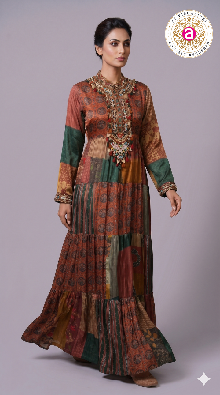 Multicolour Patchwork Printed Tiered Maxi Dress with Statement Embellished Neckline