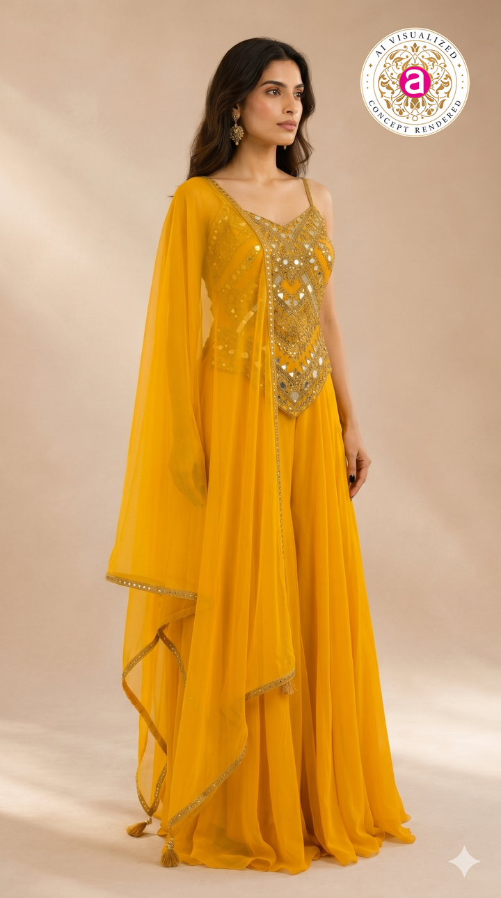 Mustard Yellow Mirror Work Palazzo Set with Draped Dupatta