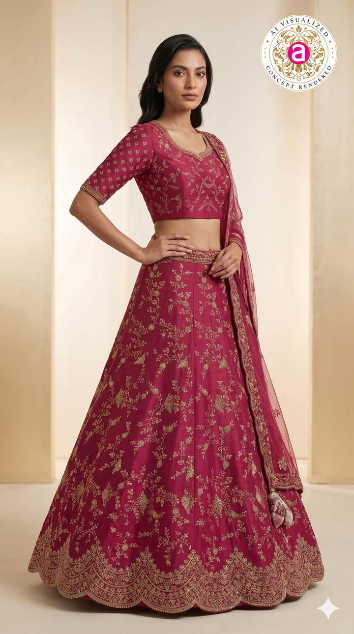 Royal Rani Pink Embroidered Silk Lehenga Set with Net Dupatta
