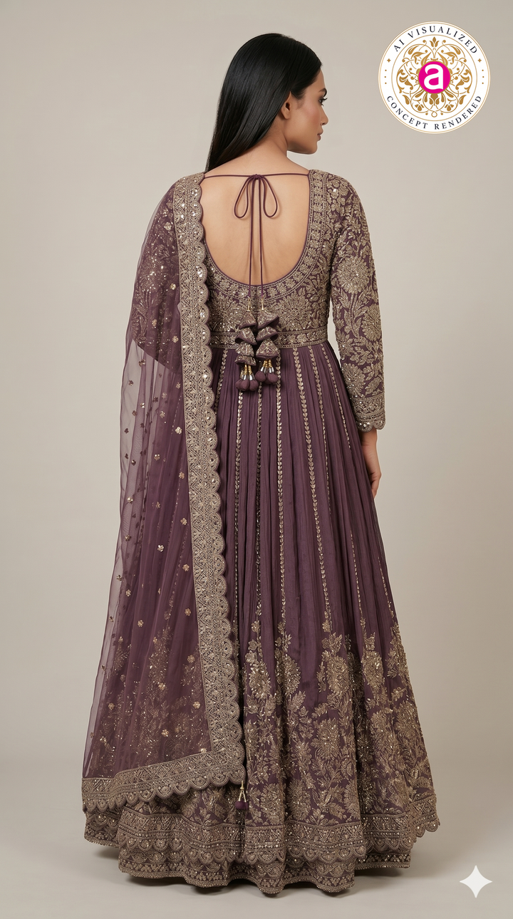 Royal Plum Embroidered Anarkali Gown with Designer Dupatta
