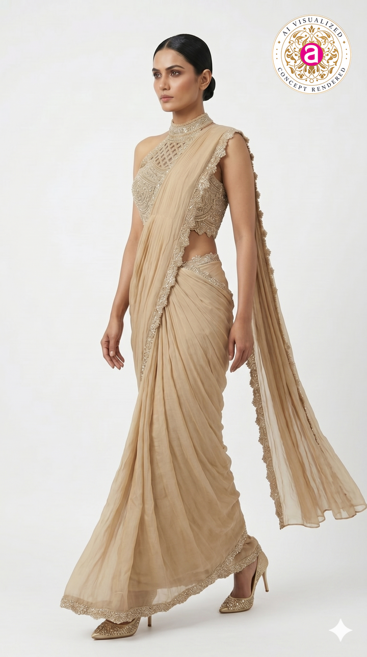 Champagne Beige Ready to Wear Saree with Embellished Halter Blouse
