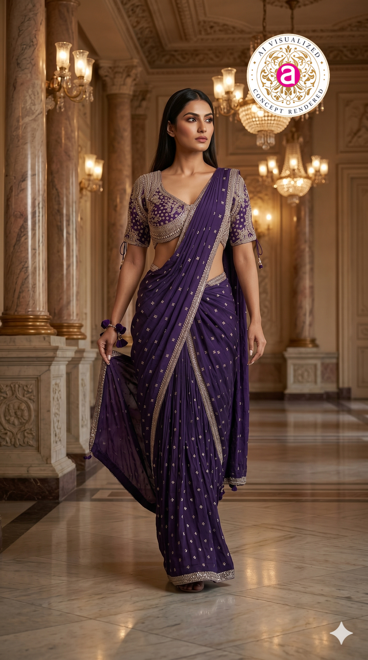 Royal Purple Designer Saree with Embroidered Blouse & Tassel Detailing