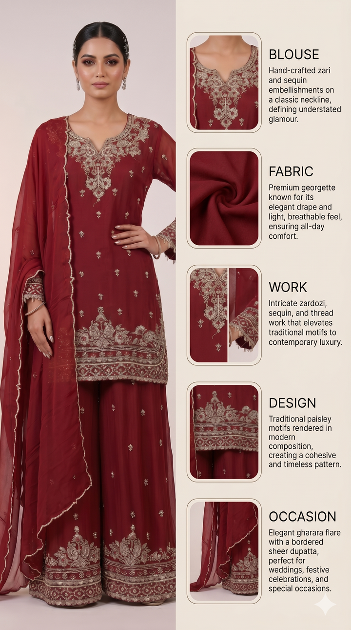 Wine Red Embroidered Kurta Sharara Set with Dupatta