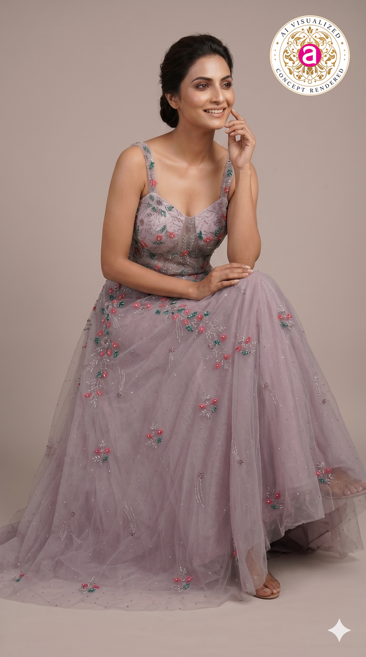 Dusty Lavender Floral Embroidered Ball Gown with Crystal Embellishments