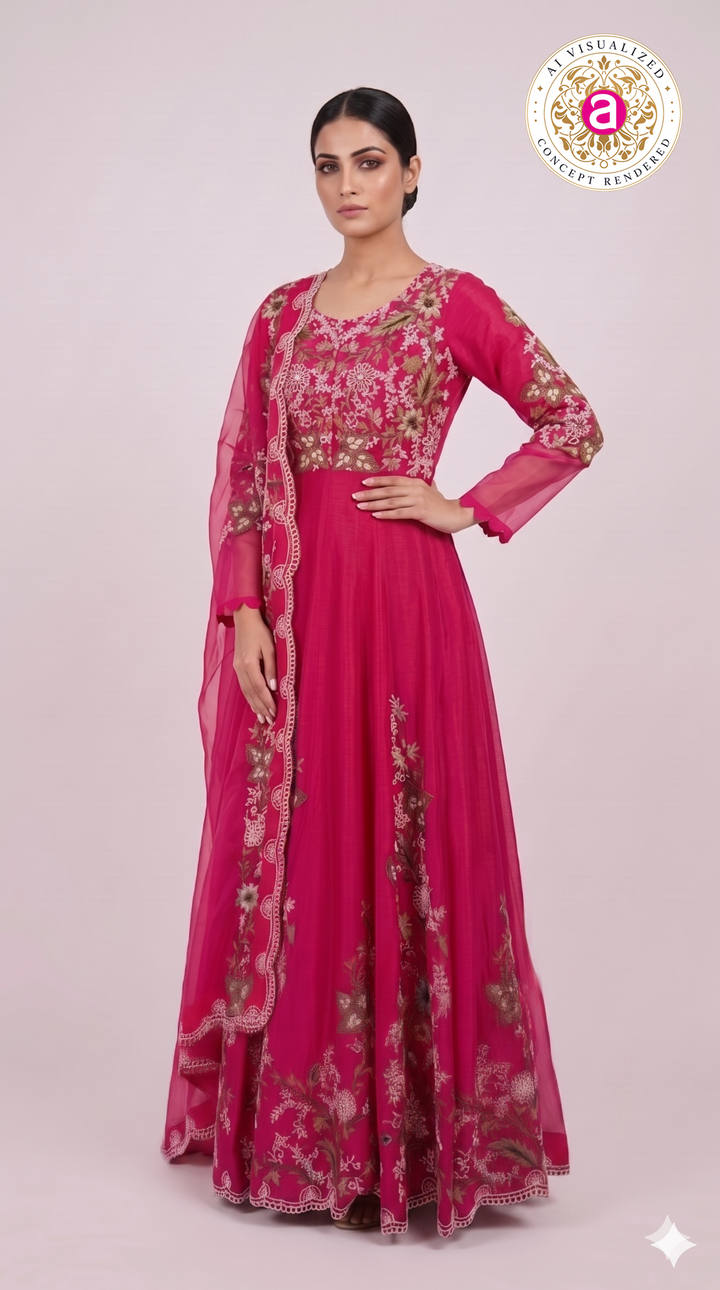 Rani Pink Floral Embroidered Anarkali Gown with Organza Dupatta