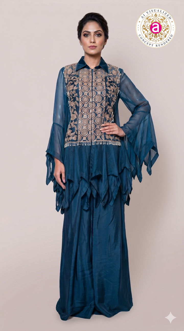 Teal Blue Embroidered Cape Style Designer Co-Ord Set