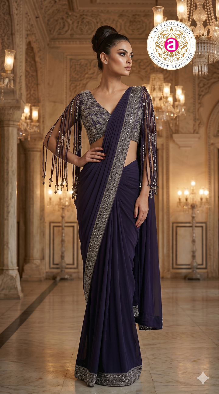 Midnight Purple Designer Saree with Embellished Fringe Blouse & Sequins Border