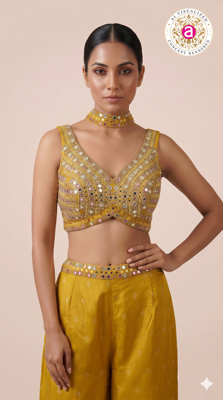 Mustard Yellow Mirror Work Indo-Western Co-Ord Set with Wide-Leg Palazzo Pants