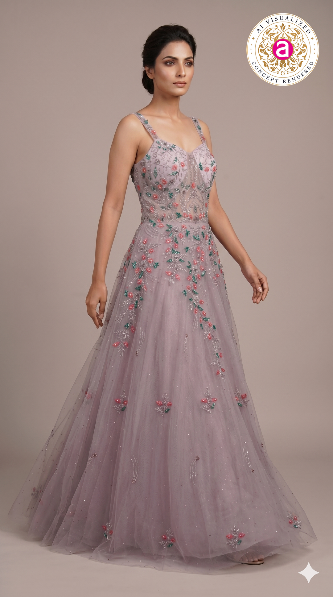Dusty Lavender Floral Embroidered Ball Gown with Crystal Embellishments