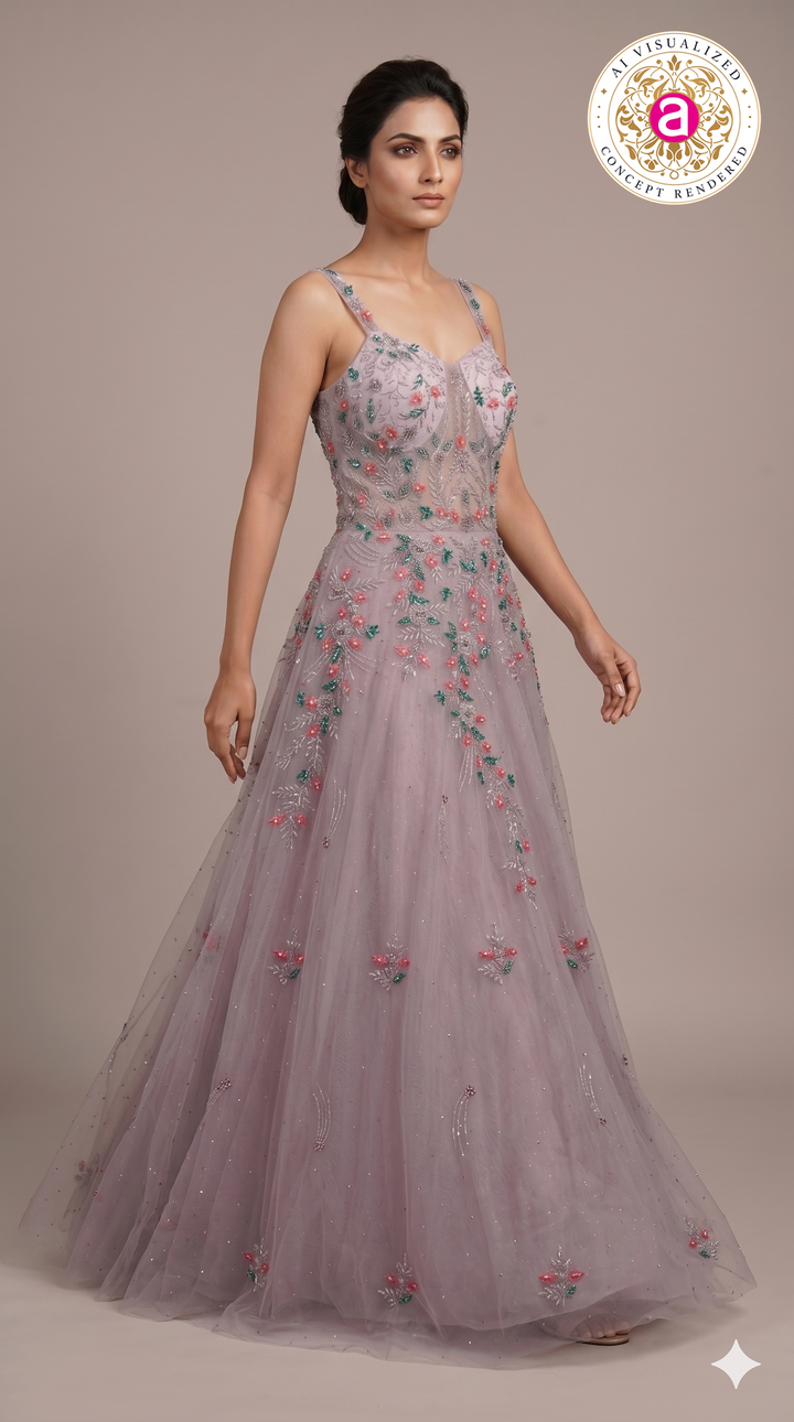 Dusty Lavender Floral Embroidered Ball Gown with Crystal Embellishments