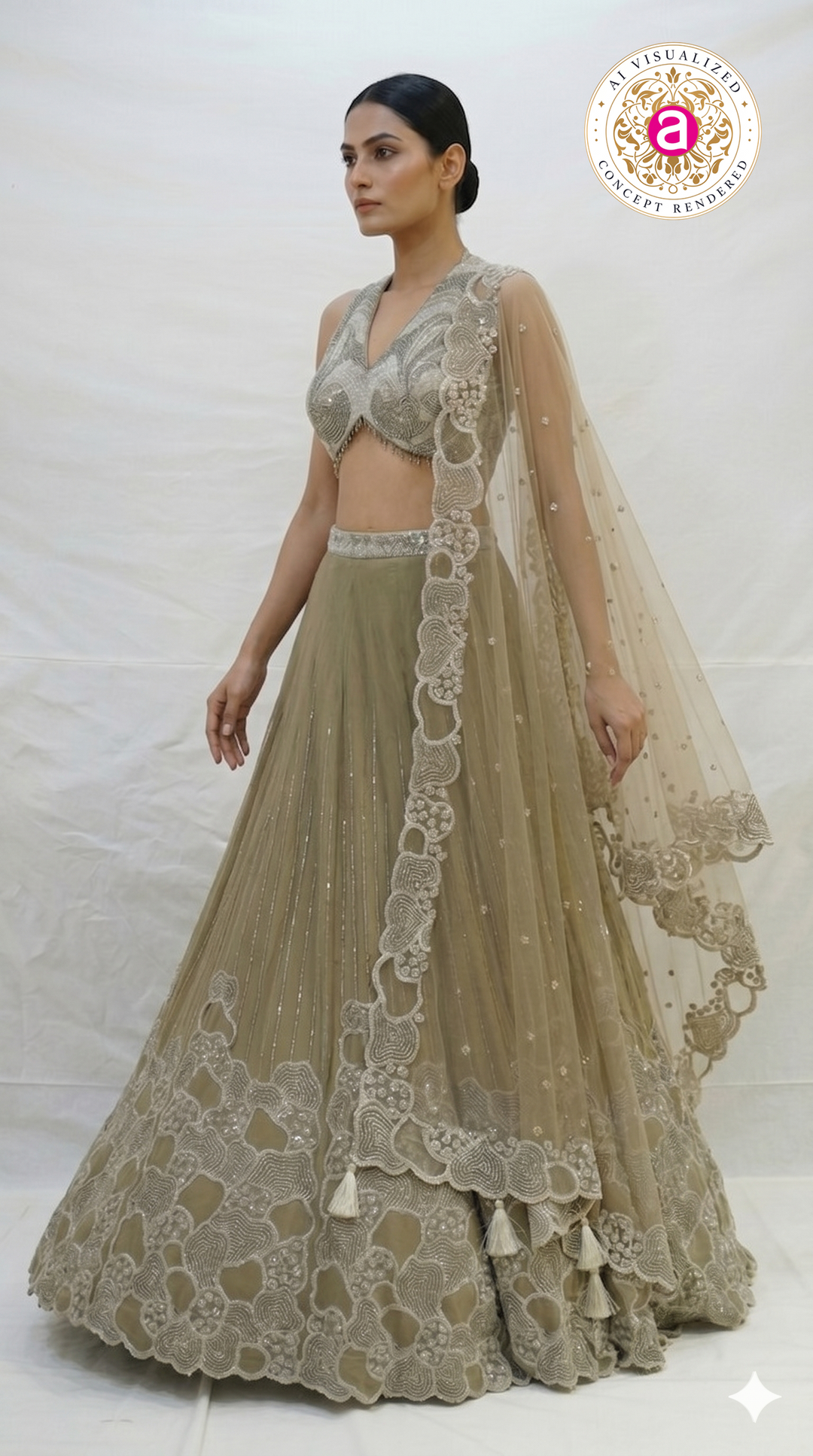 Olive Beige Embroidered Lehenga Choli with Statement Blouse & Net Dupatta