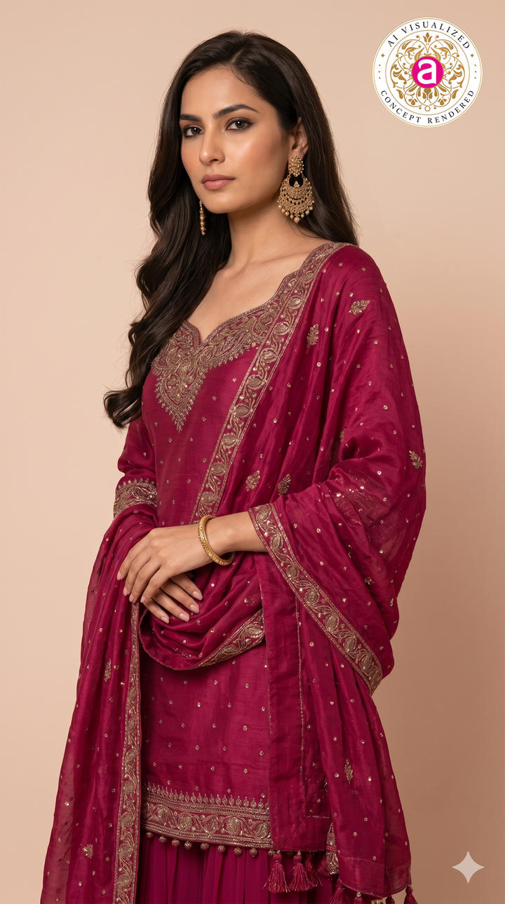 Fuchsia Pink Embroidered Kurta Sharara Set with Dupatta