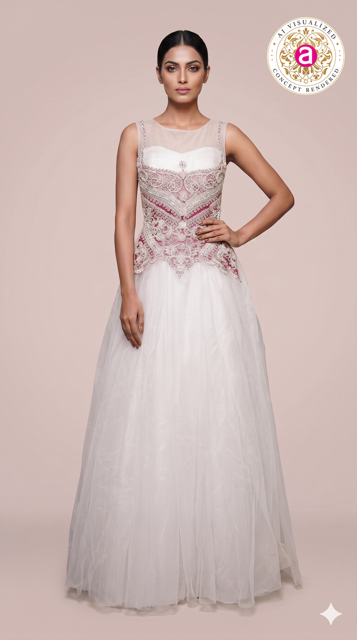 Ivory White Ball Gown with Blush Pink Embroidered Corset Bodice