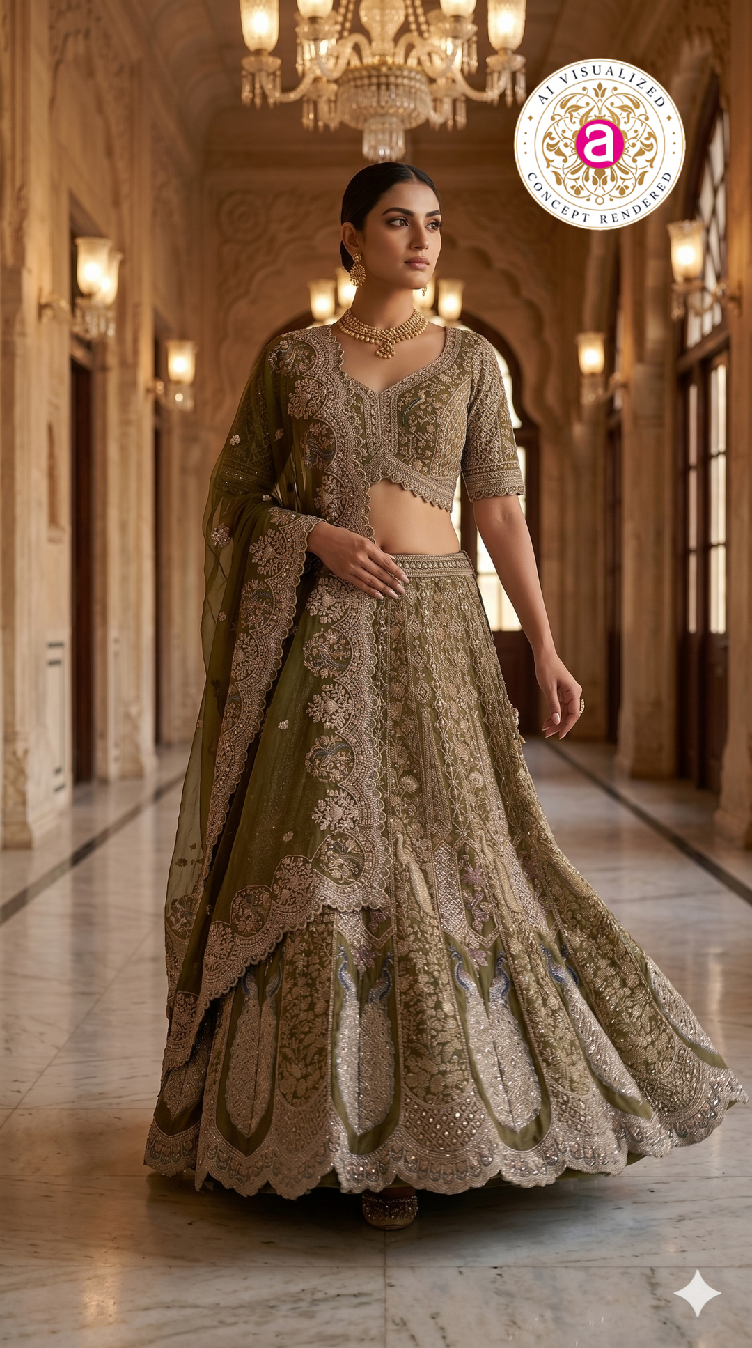 Olive Green Designer Bridal Lehenga Set with Heavy Embroidery & Elegant Dupatta