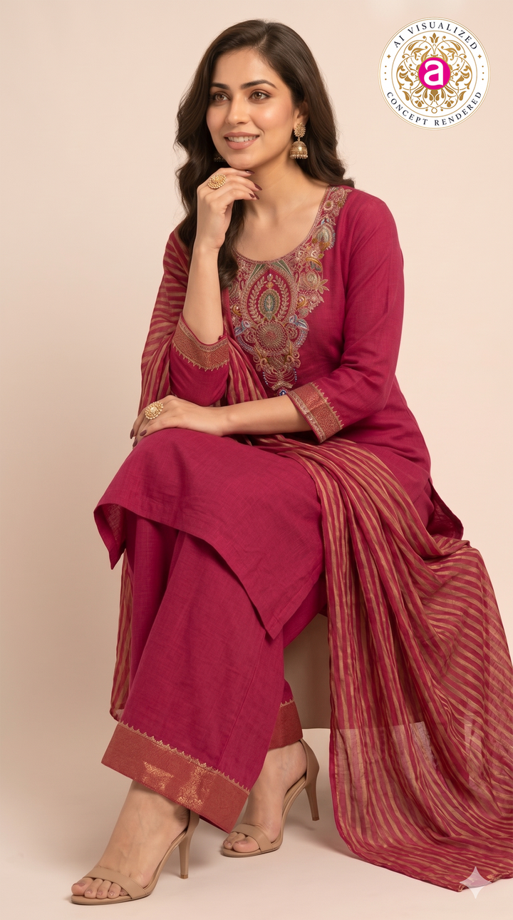 Rani Pink Handwork Kurta Palazzo Set with Dupatta