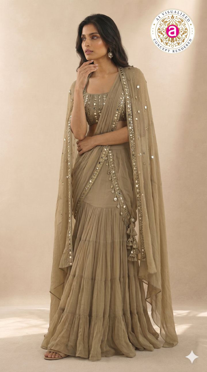 Olive Taupe Ready-to-Wear Draped Saree with Mirror Embellished Blouse & Cape
