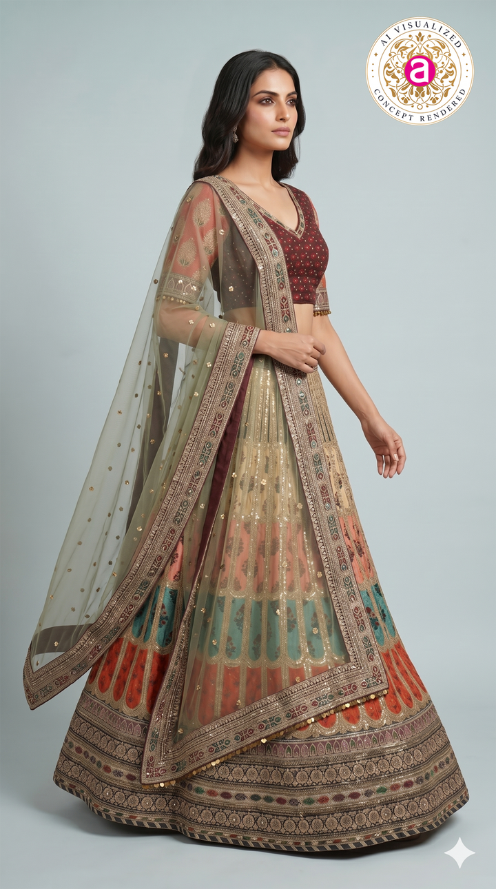 Multicolour Embroidered Bridal Lehenga Set with Net Dupatta
