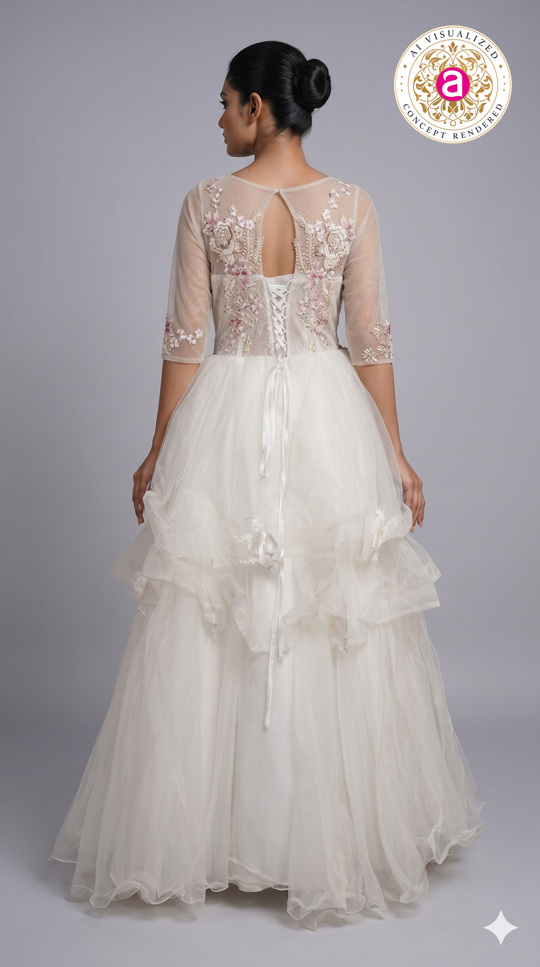 Ivory Floral Appliqué Layered Couture Ball Gown