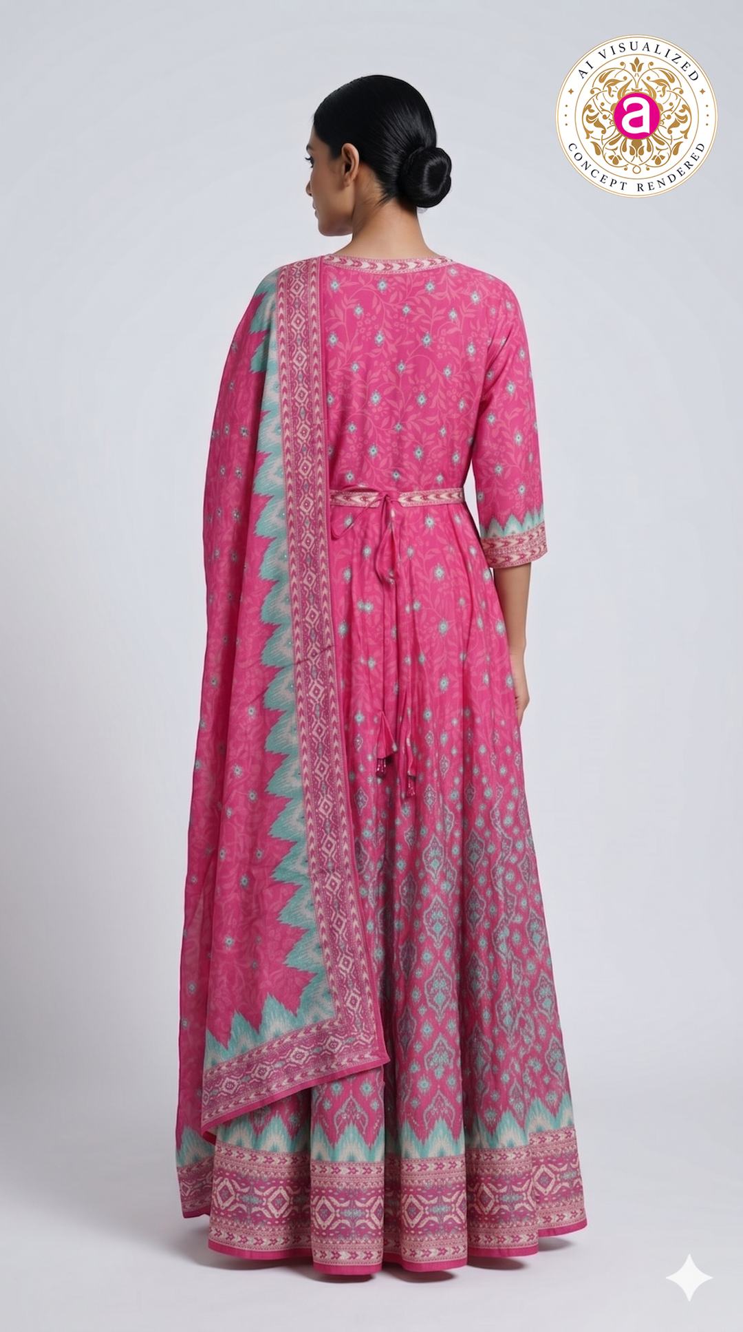 Rani Pink Ikat Inspired Anarkali Suit Set with Designer Dupatta