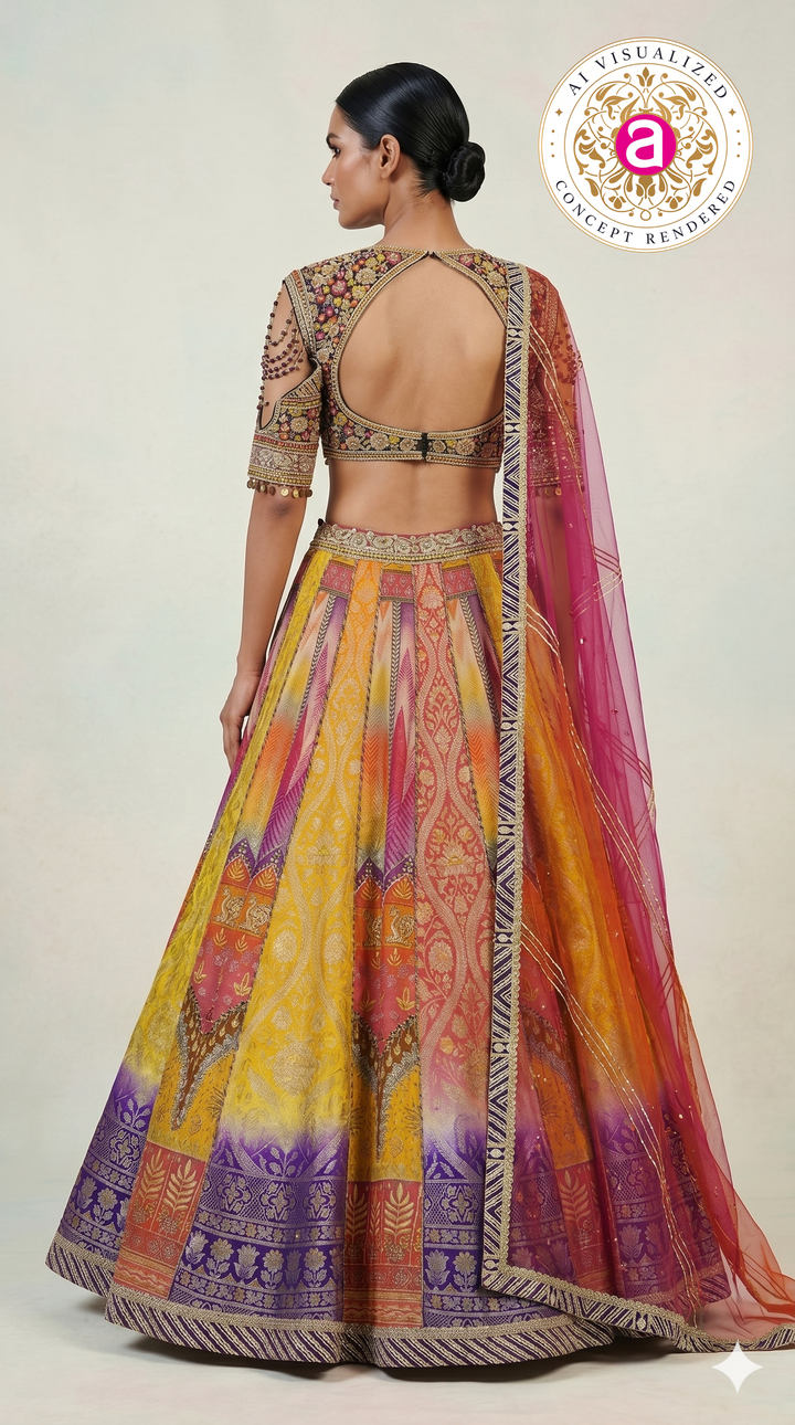 Multicolour Woven Designer Lehenga Choli with Heavy Embroidered Blouse & Pink Net Dupatta
