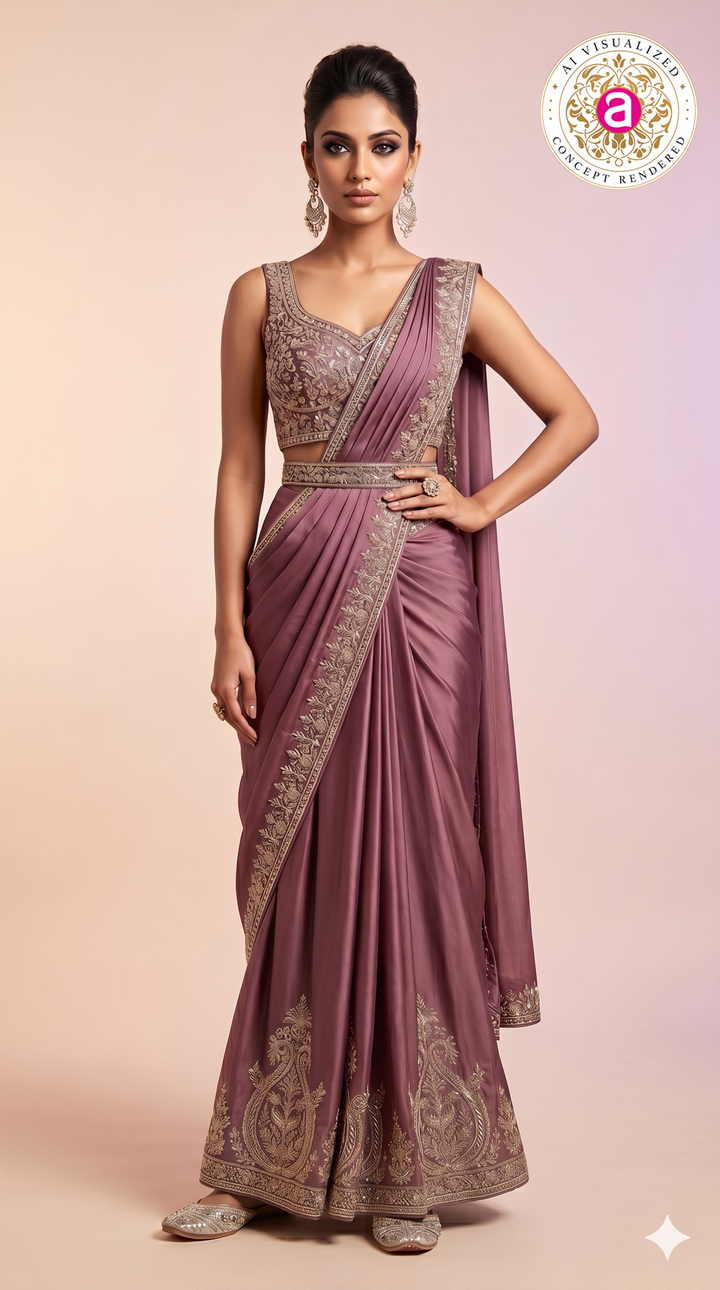 Mauve Purple Ready-to-Wear Saree with Embroidered Border & Designer Blouse