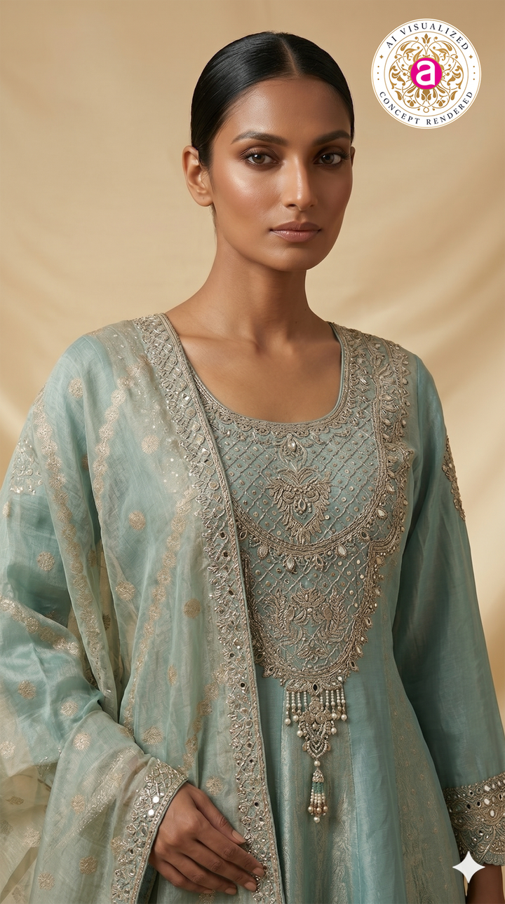 Sea Green Embroidered Anarkali Suit Set with Dupatta
