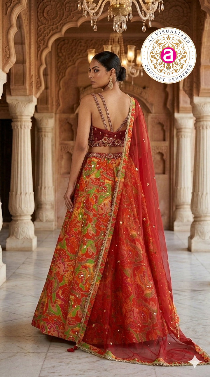 Red Multicolor Abstract Printed Designer Lehenga Set with Embellished Blouse & Net Dupatta