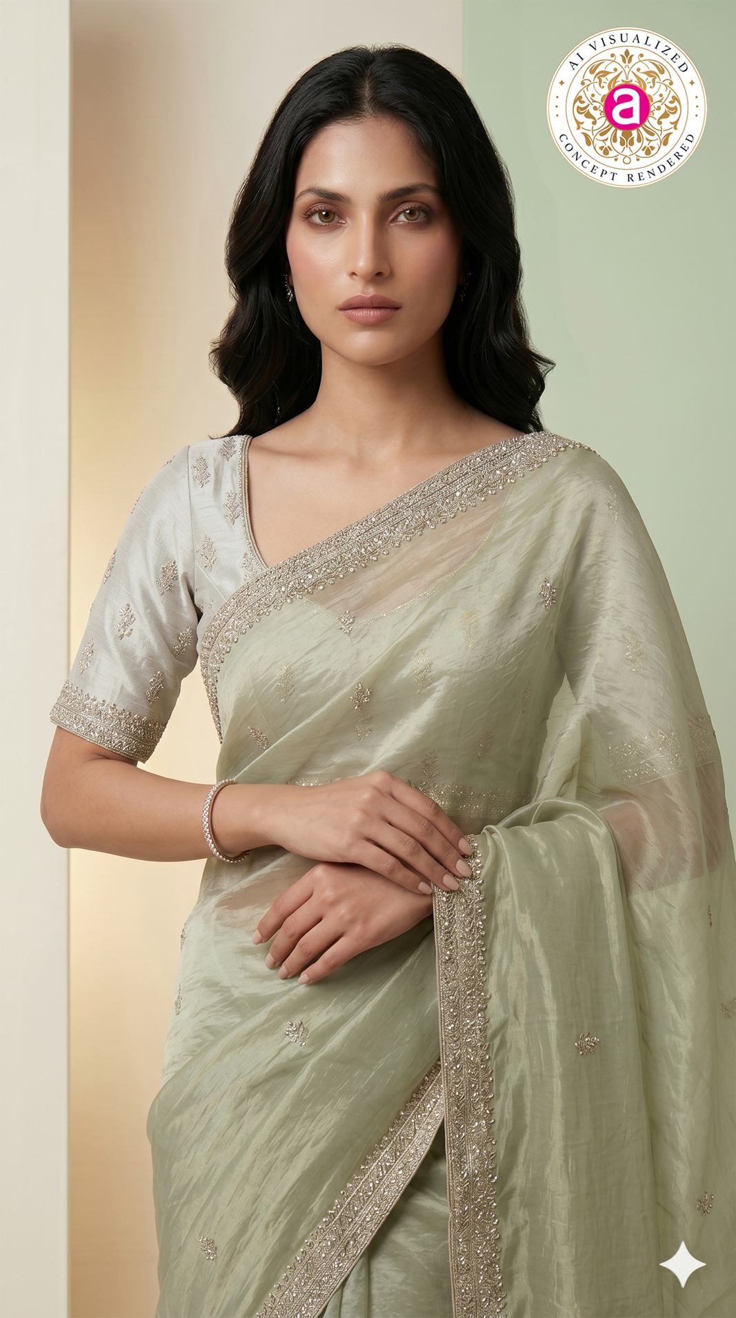 Sage Green Organza Silk Saree with Hand Embroidered Border