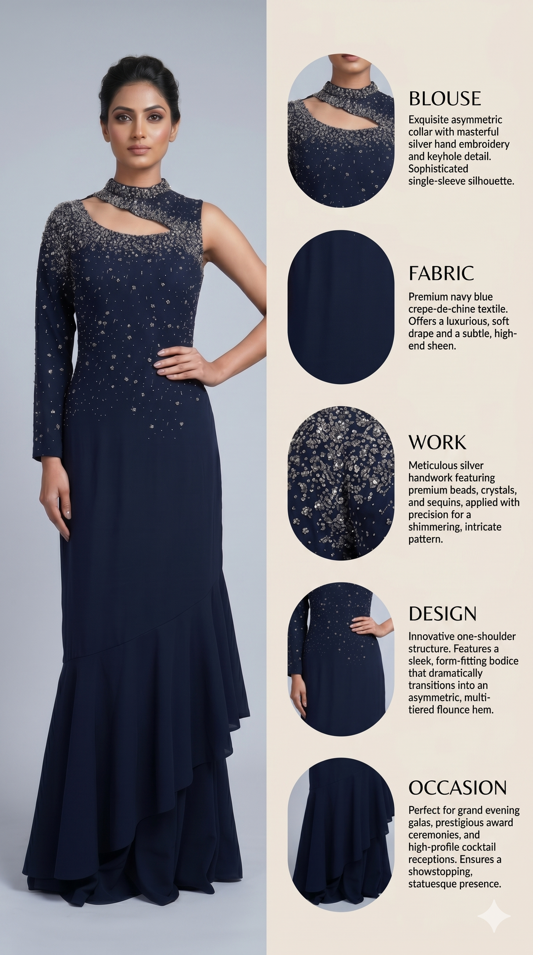 Midnight Navy Embellished One-Shoulder Designer Indo Western