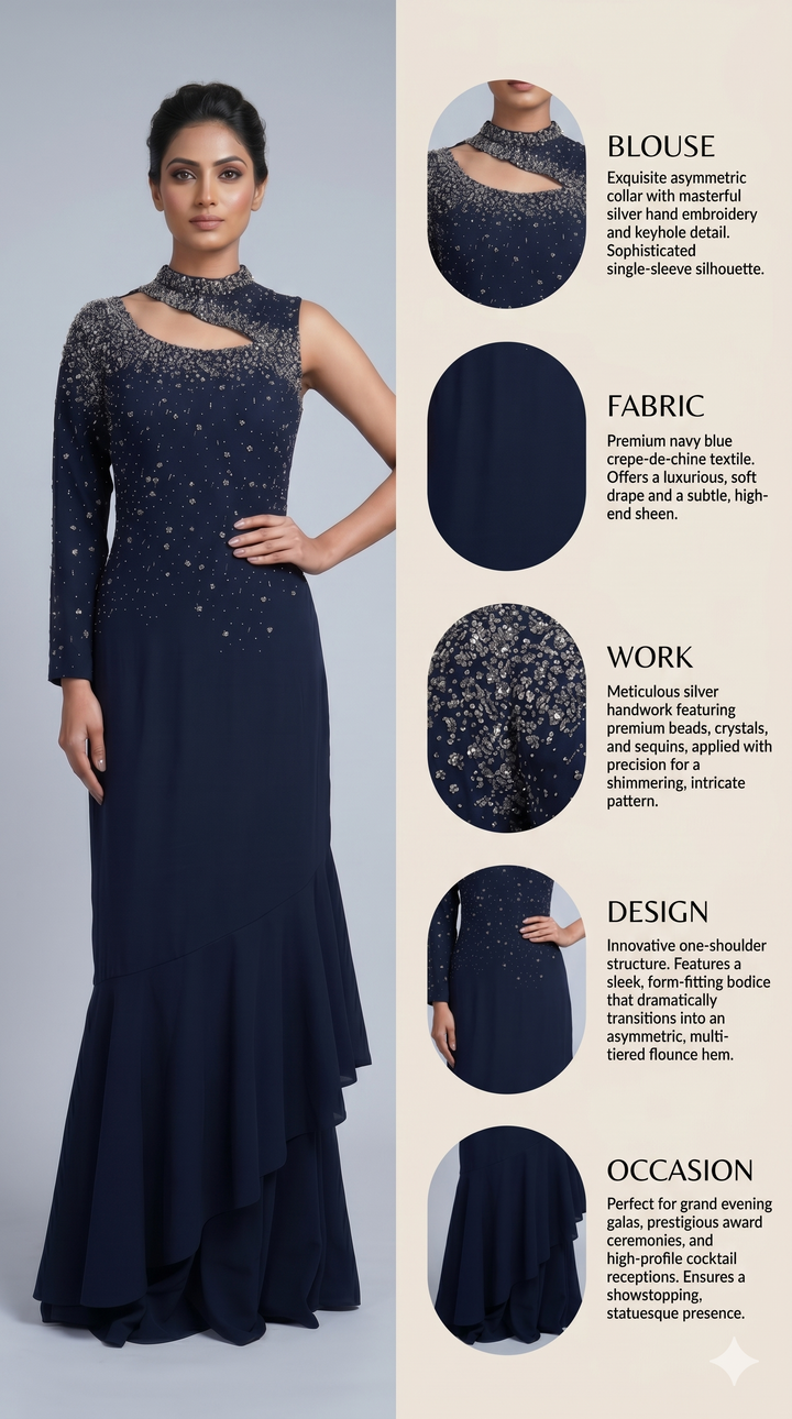 Midnight Navy Embellished One-Shoulder Designer Indo Western