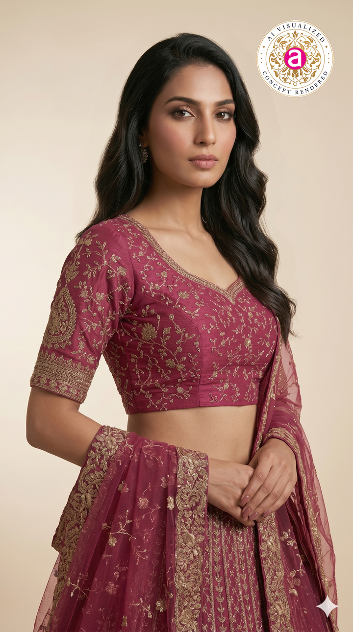 Royal Magenta Bridal Lehenga Set with Intricate Zari Embroidery & Net Dupatta