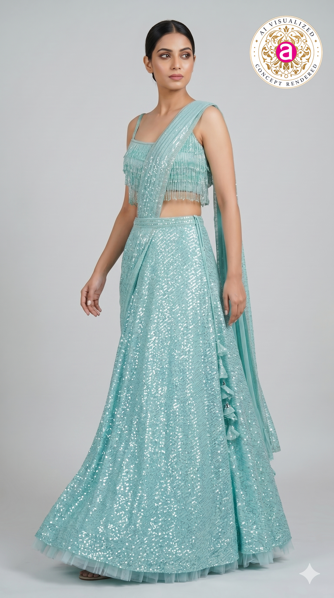 Ice Blue Sequin Draped Lehenga with Fringe Blouse