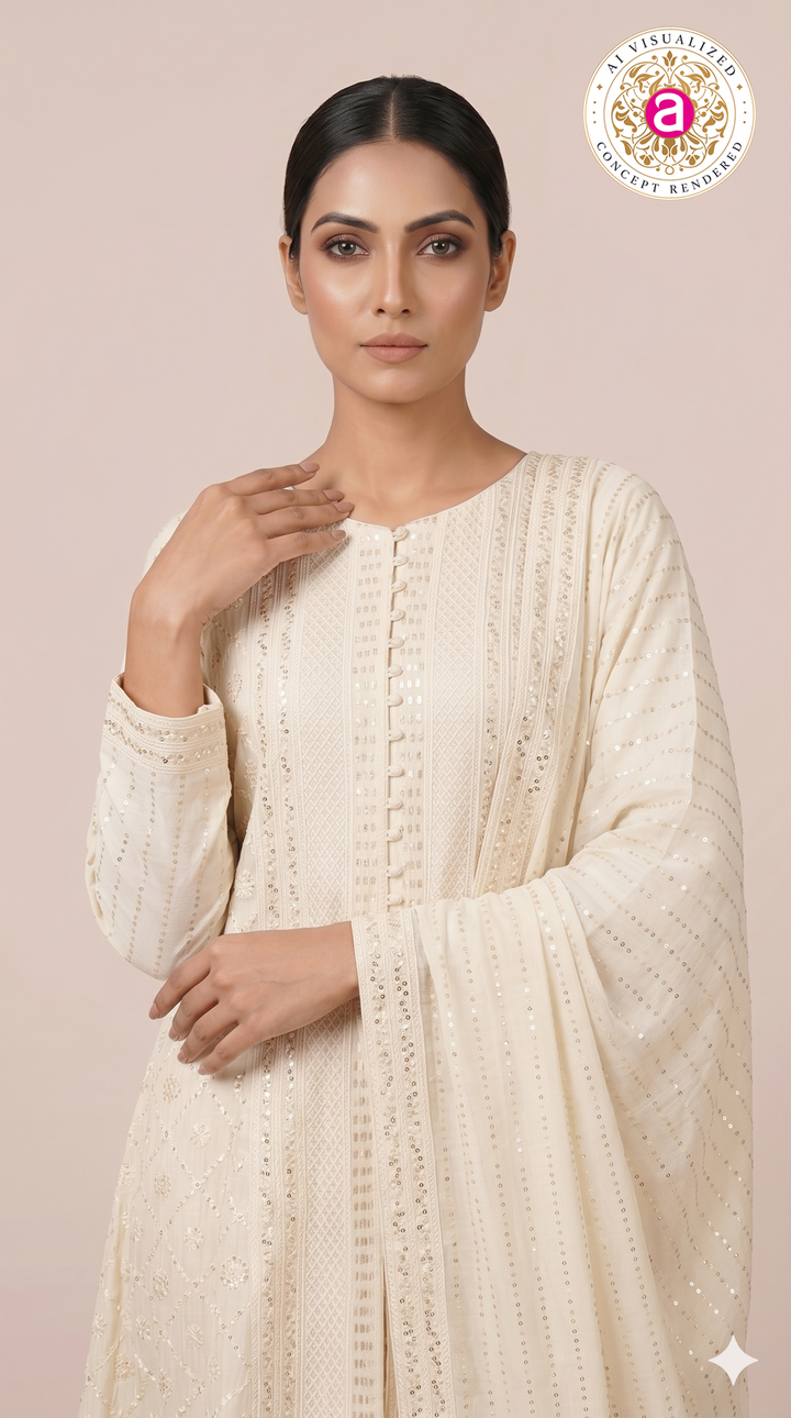 Ivory White Embroidered Straight Kurta Set with Dupatta