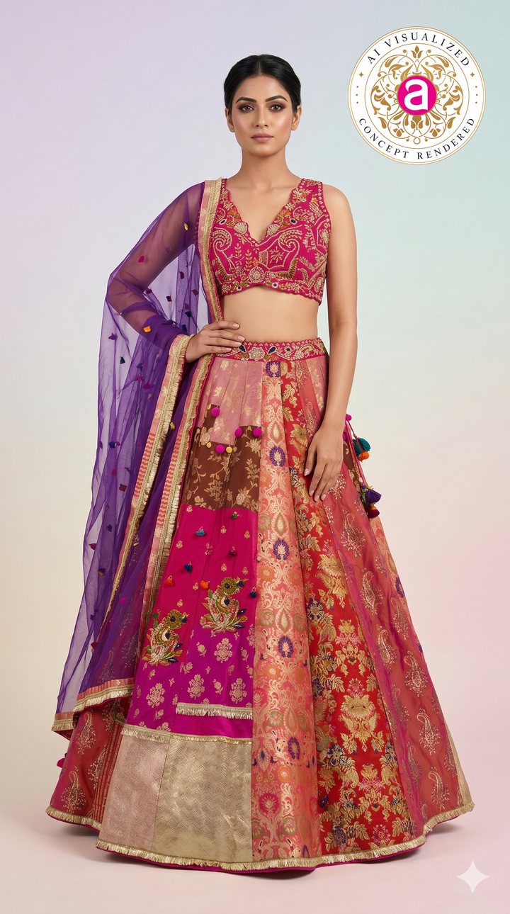 Rani Pink & Multicolour Banarasi Woven Designer Lehenga Choli with Purple Net Dupatta