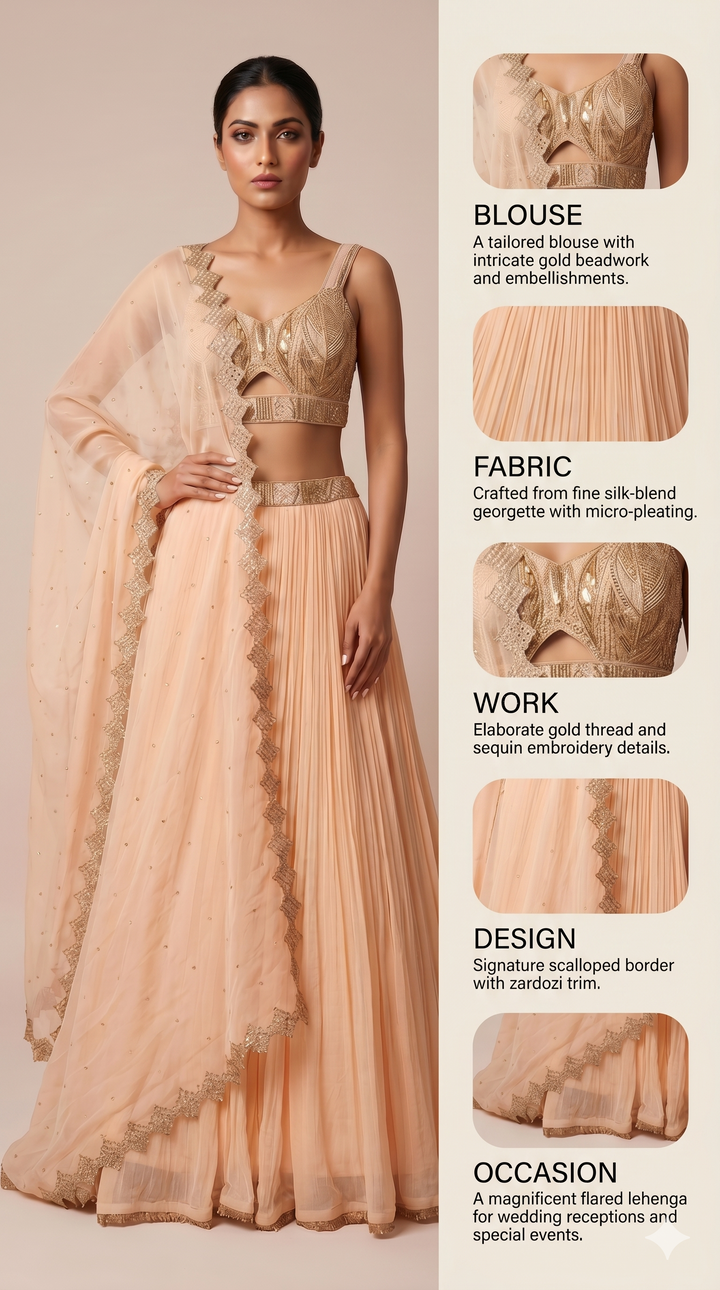 Peach Pleated Lehenga Set with Embroidered Bralette & Organza Dupatta
