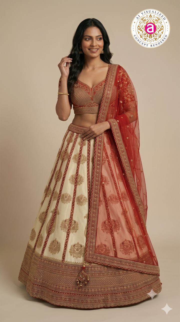 Ivory White & Ruby Red Designer Embroidered Lehenga Set with Organza Dupatta