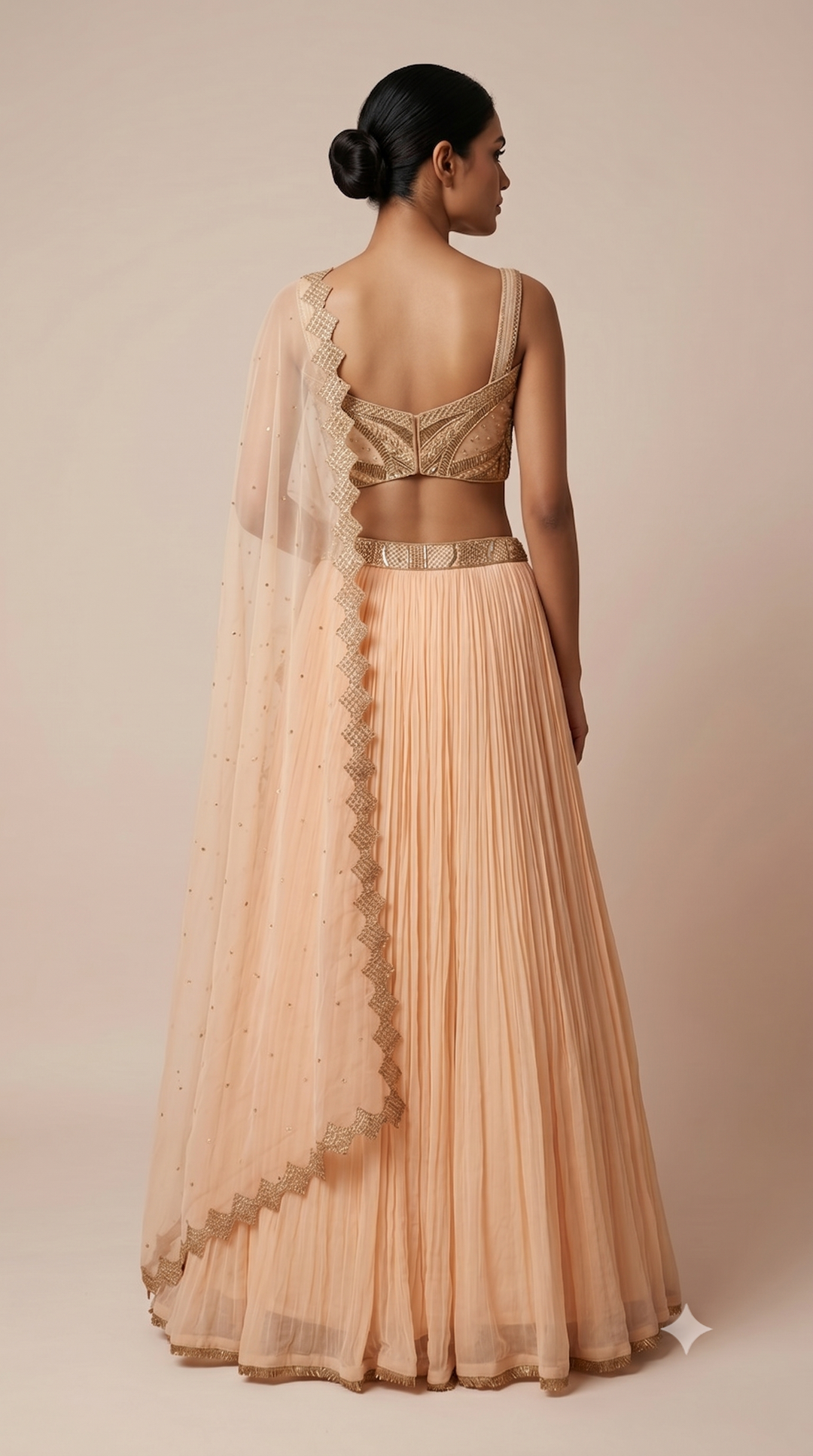 Peach Pleated Lehenga Set with Embroidered Bralette & Organza Dupatta