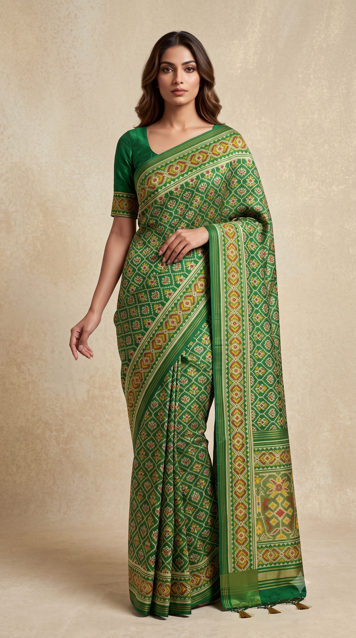 Patola Weaving Silk Saree with Traditional Ikat Diamond Weave & Elegant Zari Border