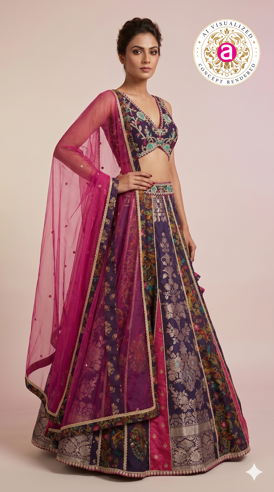 Royal Purple Multicolour Panelled Designer Lehenga Choli with Embroidered Blouse