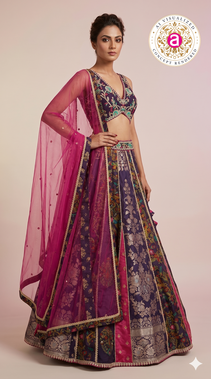 Royal Purple Multicolour Panelled Designer Lehenga Choli with Embroidered Blouse