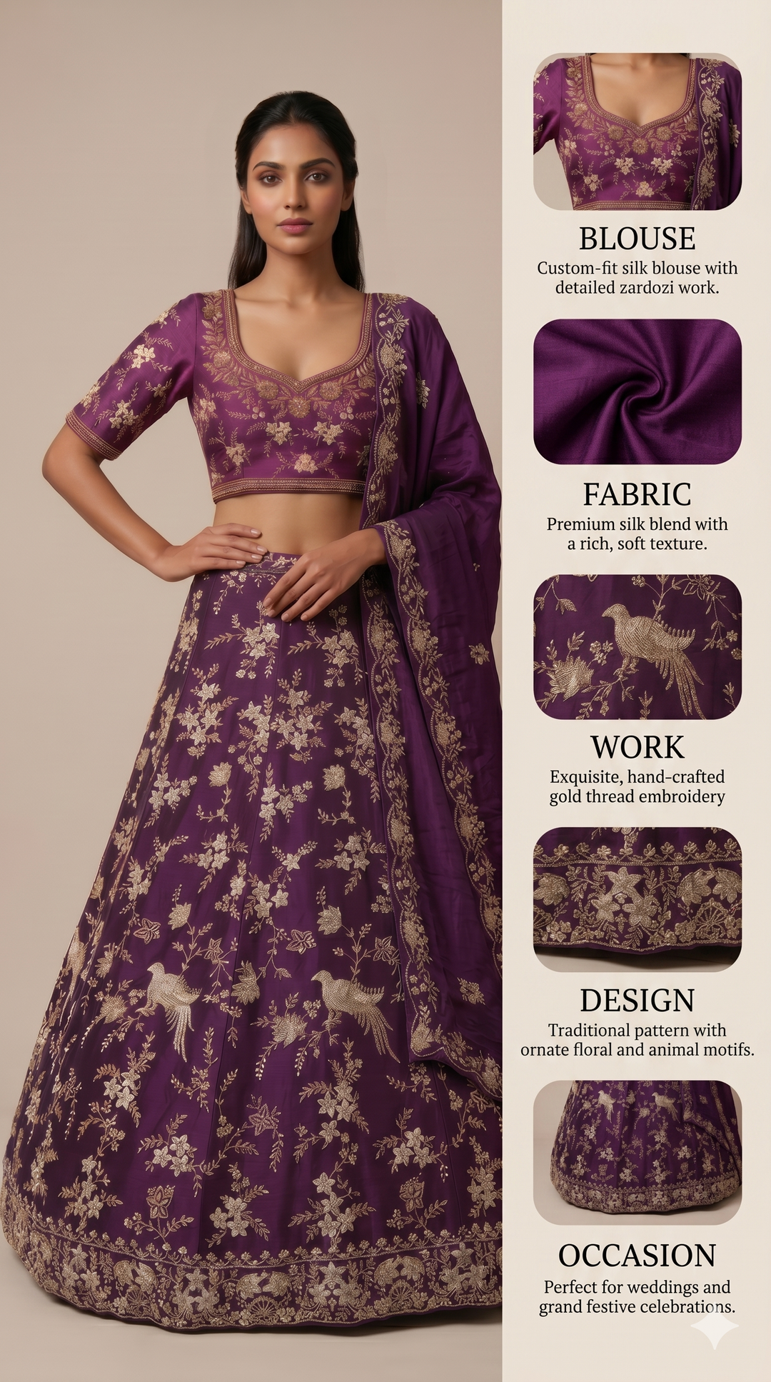 Royal Purple Embroidered Designer Lehenga Set with Floral & Bird Zari Work