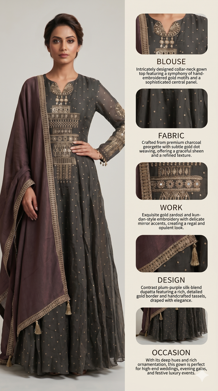 Charcoal Grey Embroidered Anarkali Suit Set with Wine Dupatta