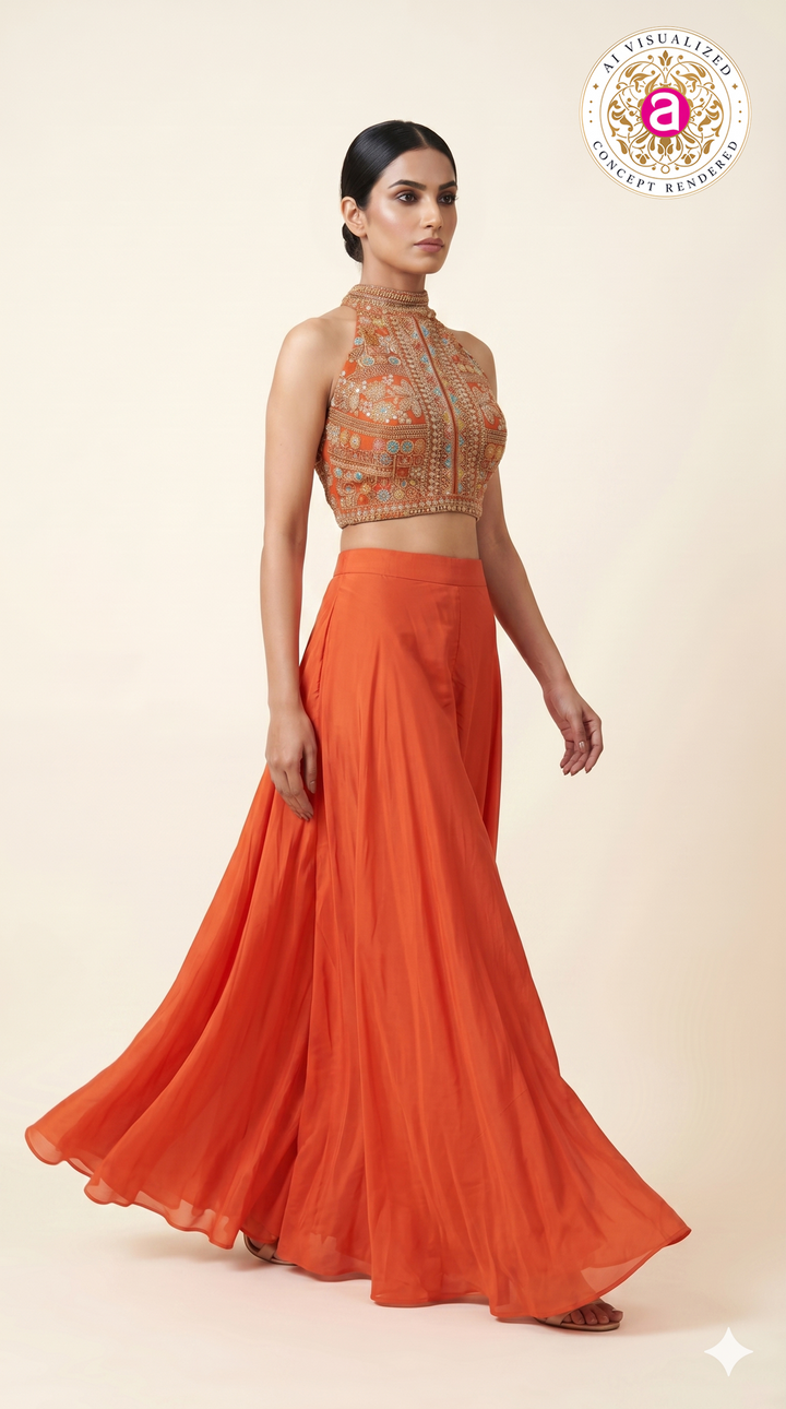 Orange Embroidered Halter Neck Palazzo Set
